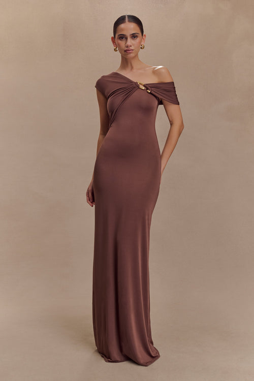 Ashford Asymmetrical Slinky Maxi Dress - Chocolate
