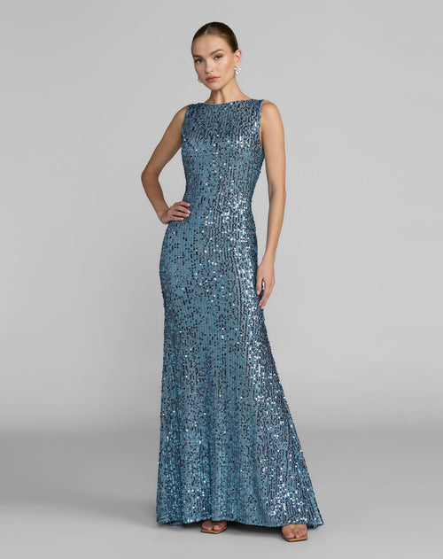 Blue Cowl Back Boat Neck Sequined Evening Gown