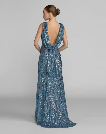 Blue Cowl Back Boat Neck Sequined Evening Gown