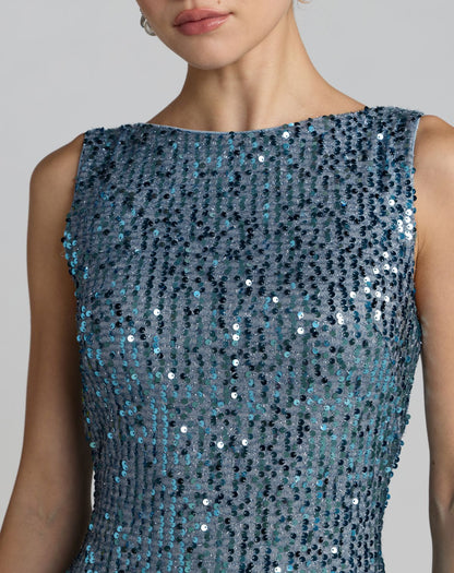 Blue Cowl Back Boat Neck Sequined Evening Gown