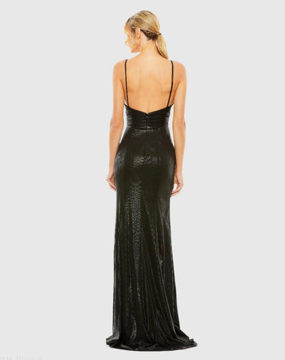 Black Metallic Faux Wrap Spaghetti Strap Gown