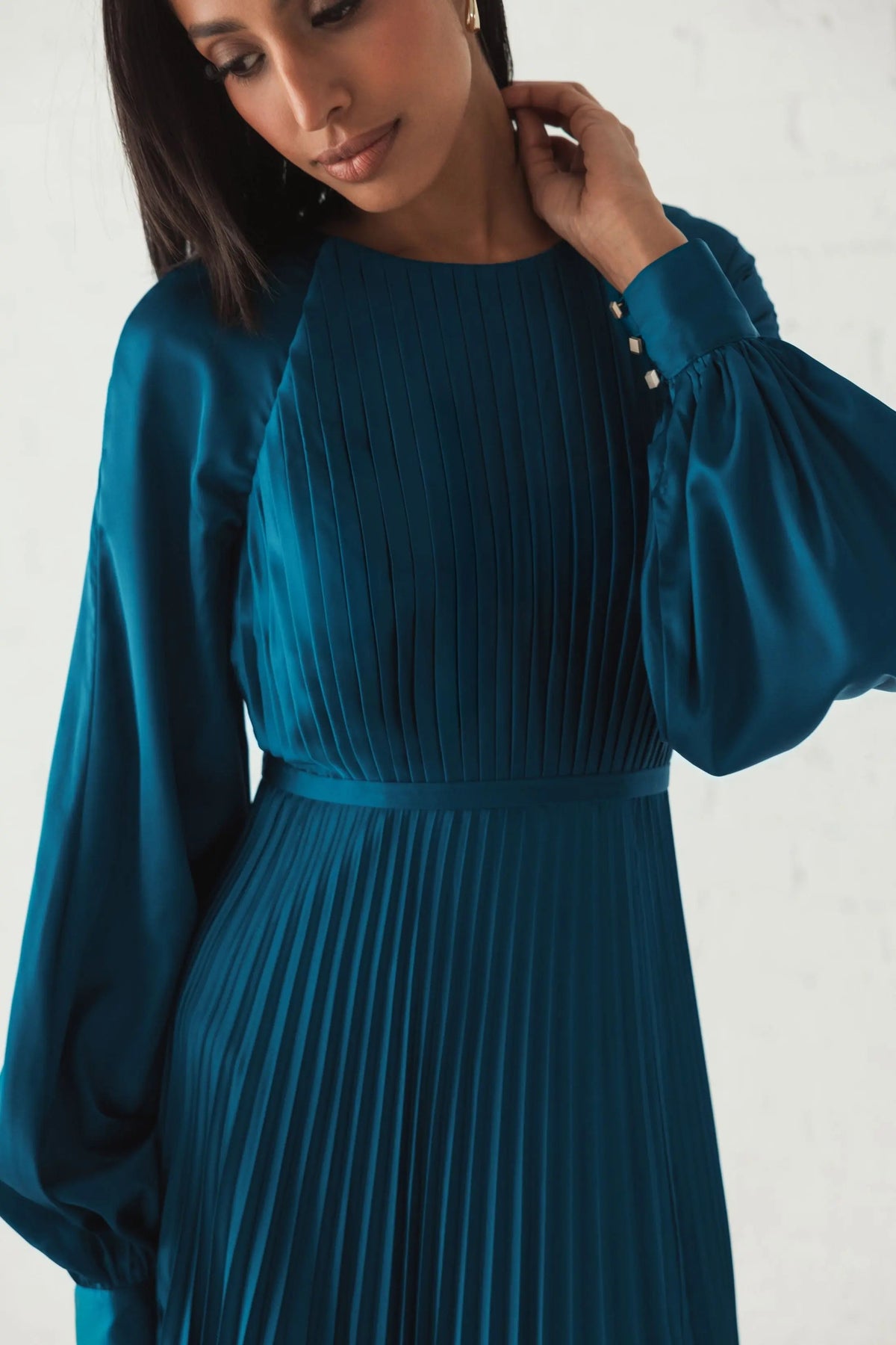 Blue Pleated High Neck Long Sleeve Gown with Slit