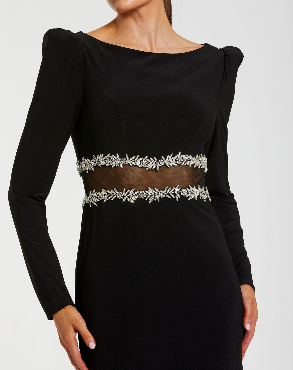 Black Long Sleeve Jersey Gown With Jewel Detail