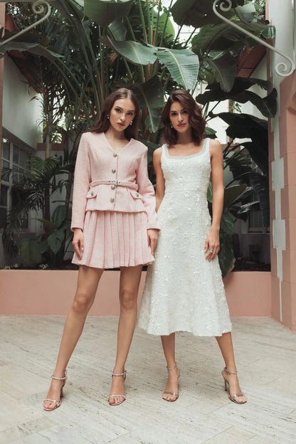 Ivory Embellished Boucle Sleeveless A-Line Midi Dress