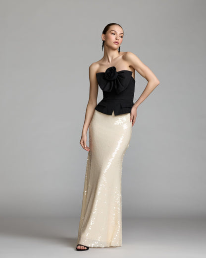 Black and Ivory Strapless Peplum Sequin Evening Gown