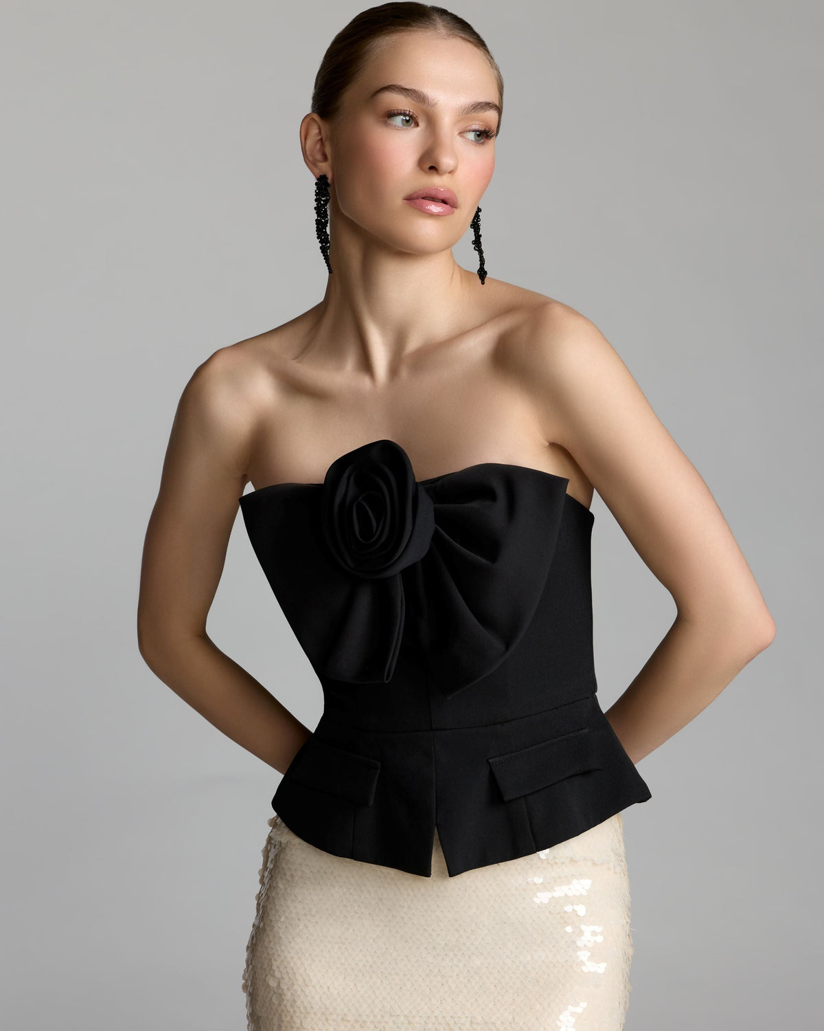 Black and Ivory Strapless Peplum Sequin Evening Gown