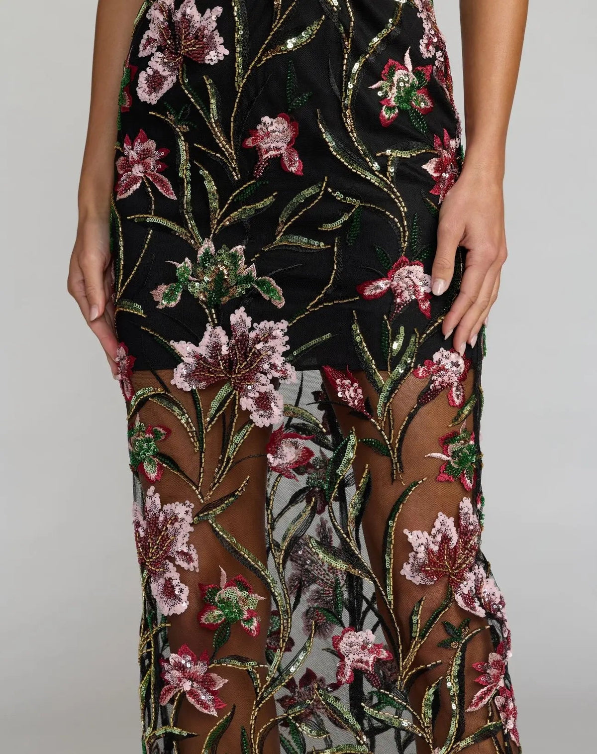 Black Strapless Floral Embroidered Column Dress