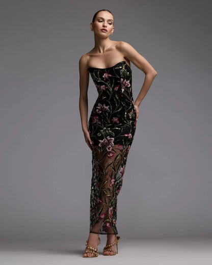 Black Strapless Floral Embroidered Column Dress