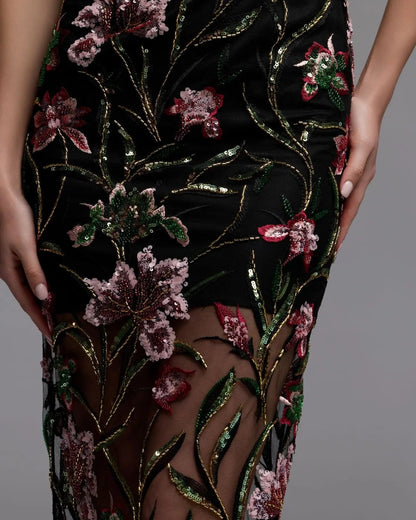 Black Strapless Floral Embroidered Column Dress