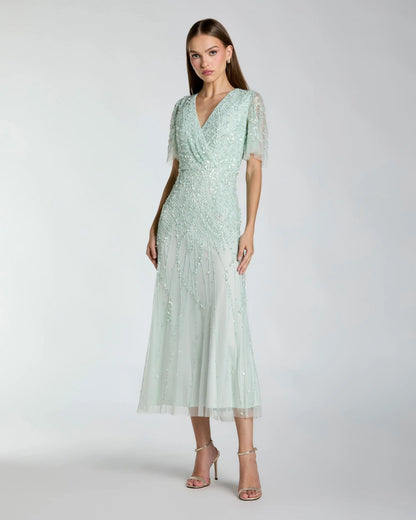 Blue Beaded Wrap Over Butterfly Sleeve Dress