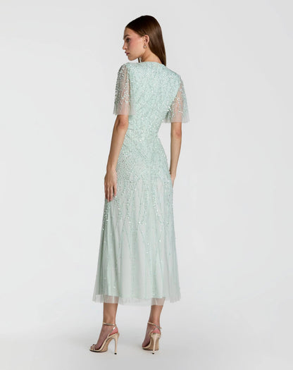Blue Beaded Wrap Over Butterfly Sleeve Dress
