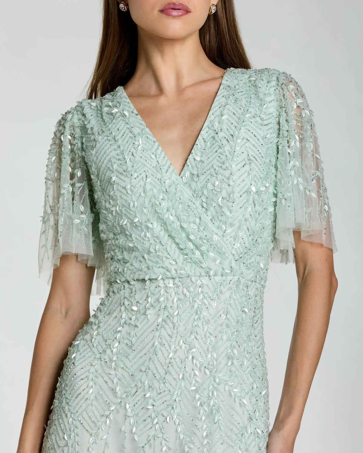 Blue Beaded Wrap Over Butterfly Sleeve Dress
