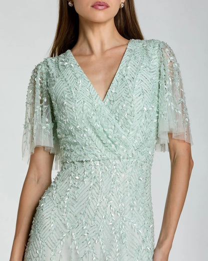 Blue Beaded Wrap Over Butterfly Sleeve Dress