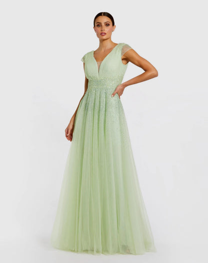 Embellished Cap Sleeve V Neck Tulle Gown