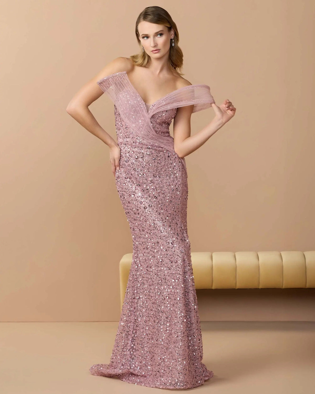 Embellished Strapless Gown with Sculptural Drape