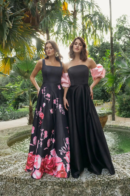 Black Satin Ball Gown With Colorblock Puff Sleeves