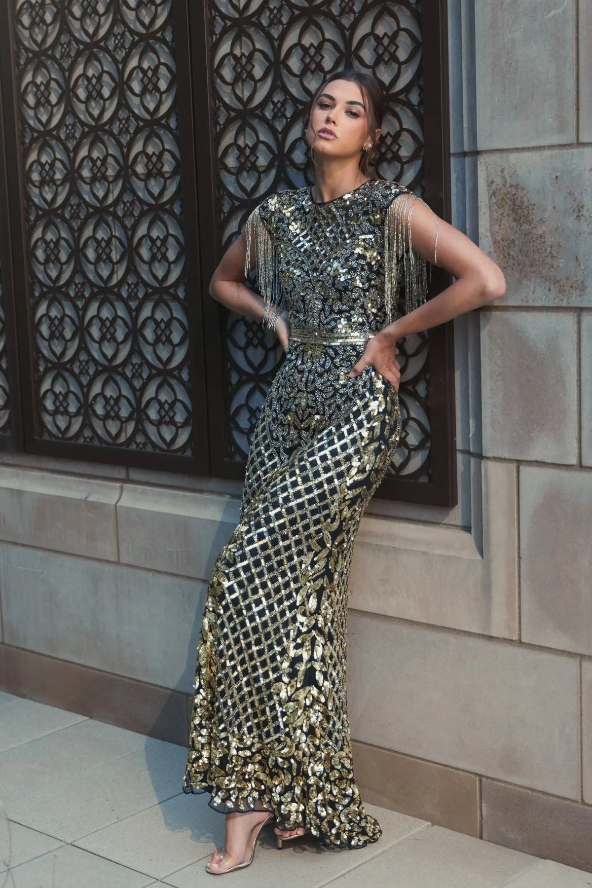 Black High Neck Beaded Fringe Fitted Gown