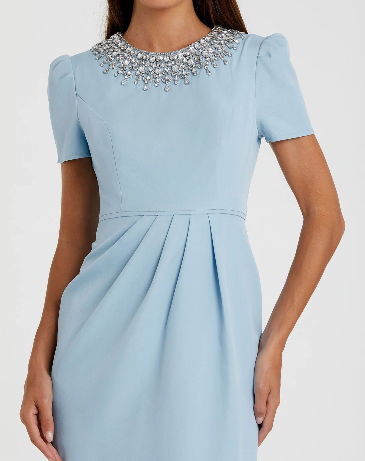 Blue Short Sleeve Rhinestone Neckline Midi Dress