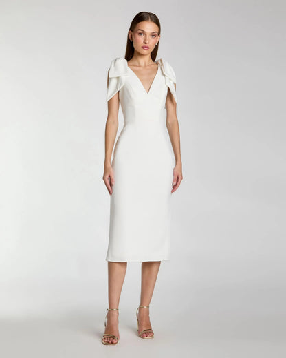 Bow Strap Crepe Fitted Midi Dress