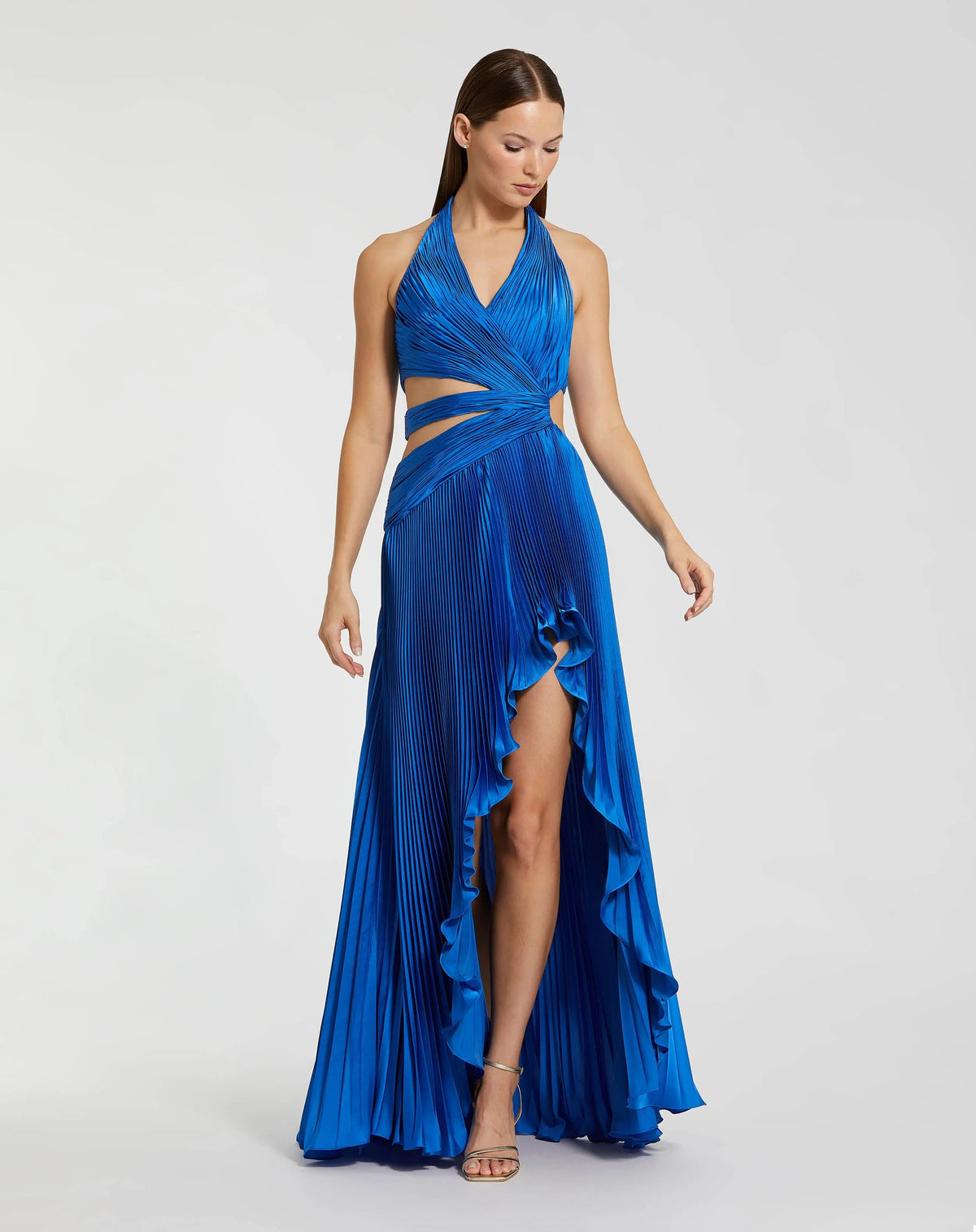 Blue Pleated Charmeuse Halter Cutout Gown