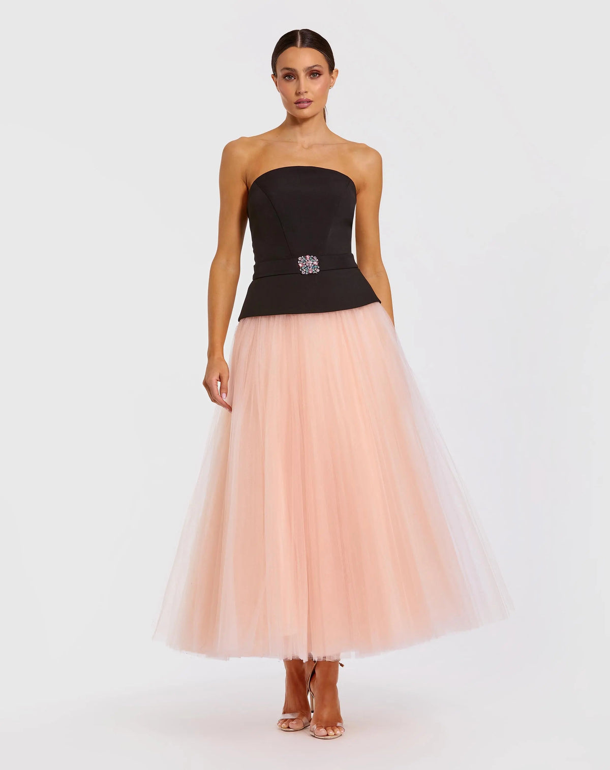 Black and Pink Strapless Midi Dress With Tulle Skirt