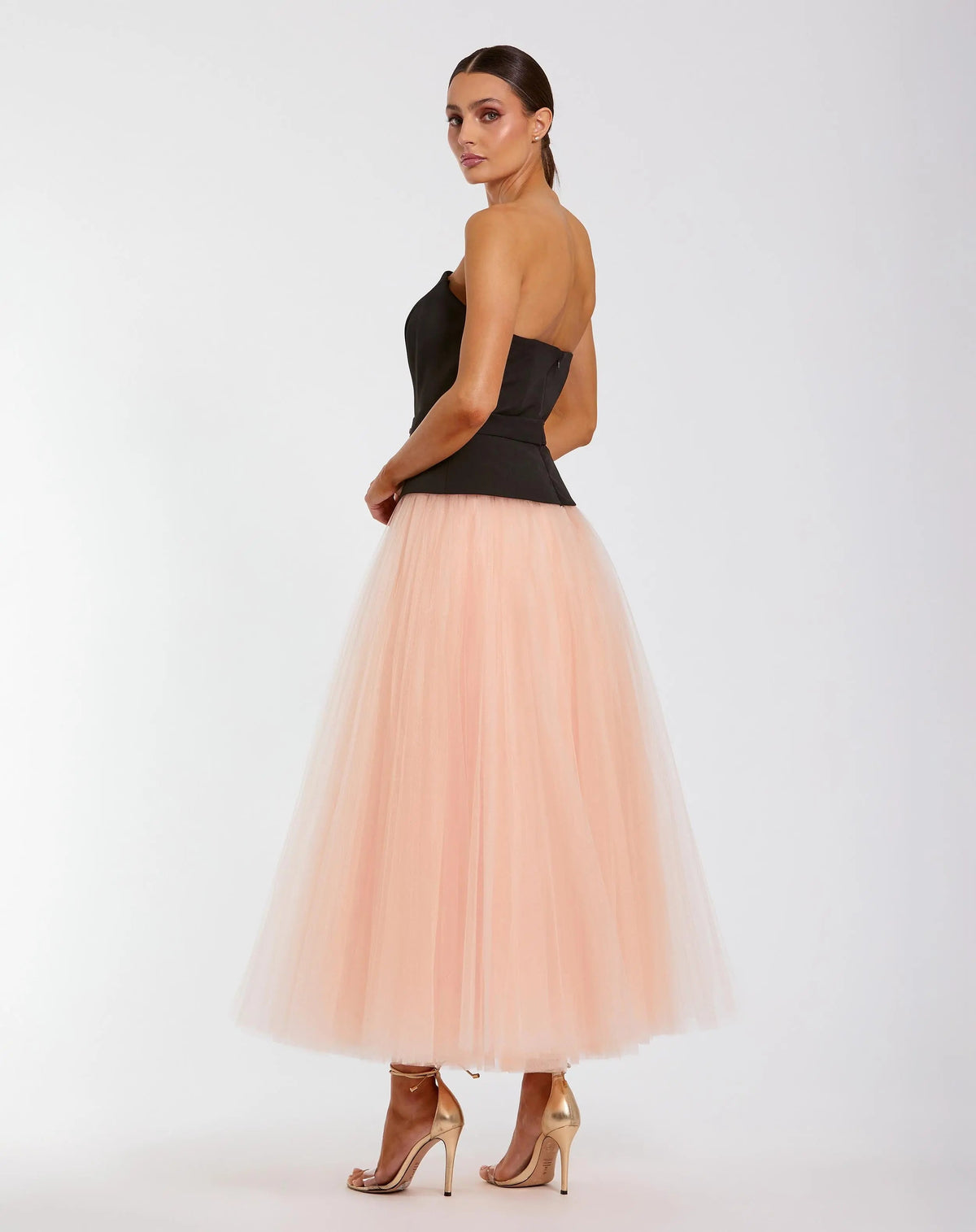 Black and Pink Strapless Midi Dress With Tulle Skirt