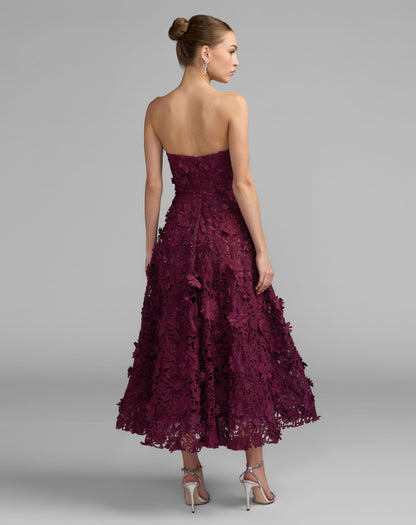 Deep Purple Strapless Floral Embroidered Lace A-Line Dress