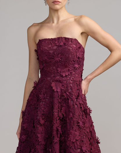 Deep Purple Strapless Floral Embroidered Lace A-Line Dress