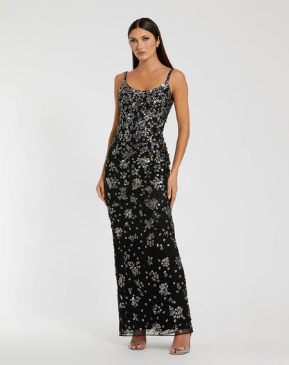 Black Floral Embellished Scoop Neck Evening Gown