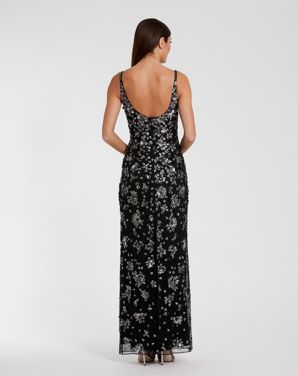 Black Floral Embellished Scoop Neck Evening Gown