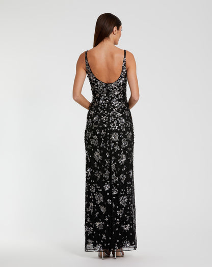 Black Floral Embellished Scoop Neck Evening Gown
