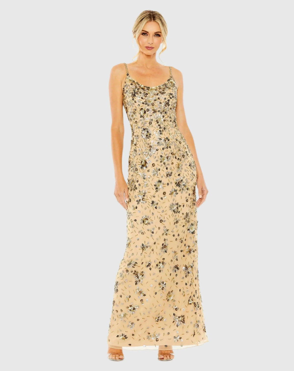 Beige Floral Embellished Scoop Neck Evening Gown - FINAL SALE