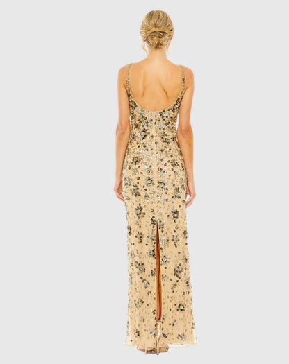 Beige Floral Embellished Scoop Neck Evening Gown - FINAL SALE