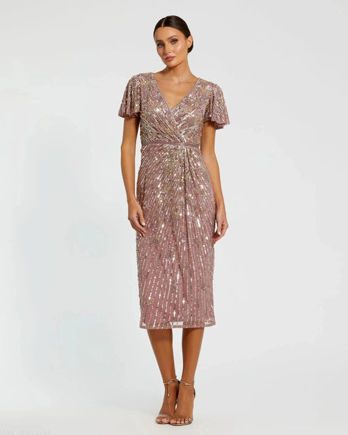 Embellished Faux Wrap Flutter Sleeve Dress