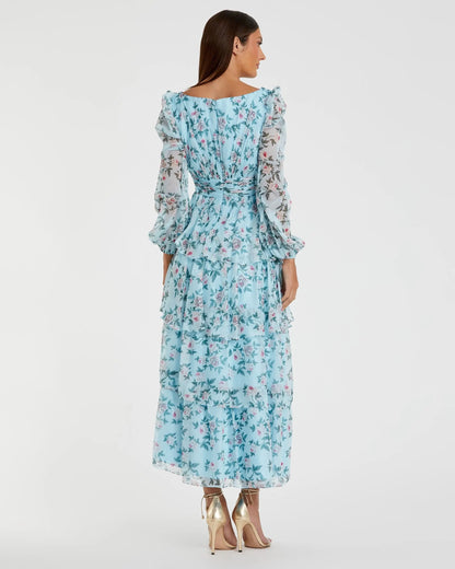 Blue Puff Sleeve Floral Printed Dress