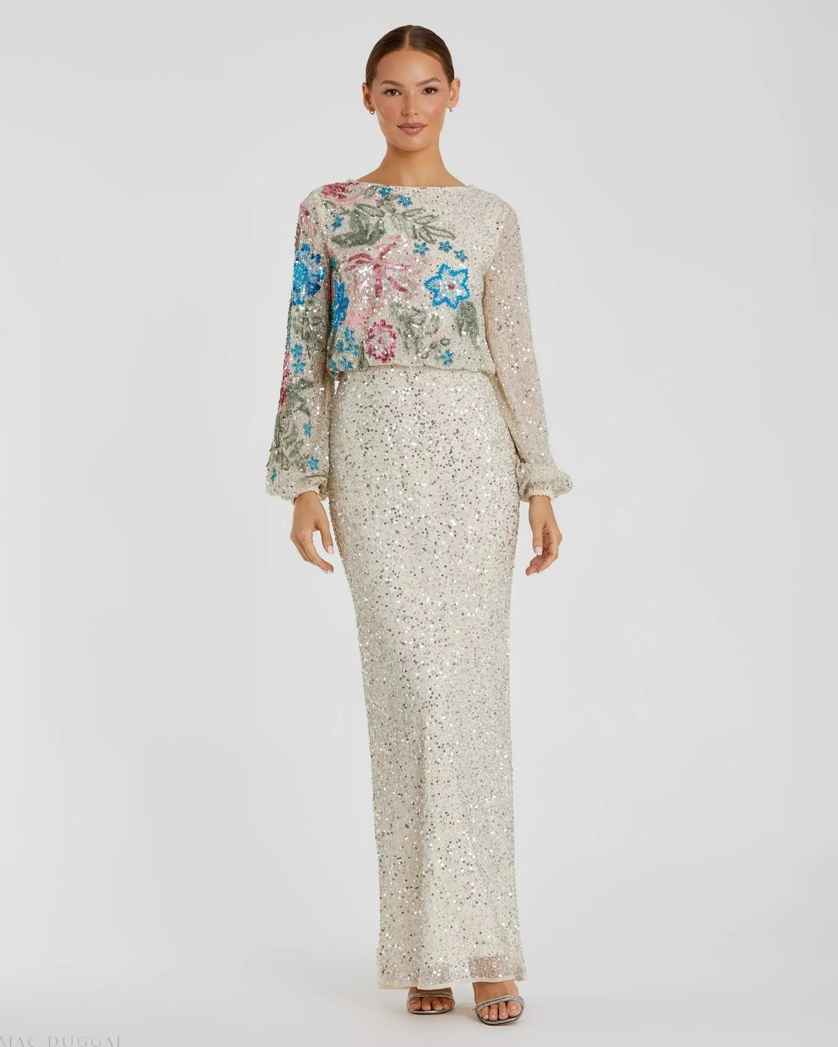 Beige High Neck Long Sleeve Sequin Evening Gown