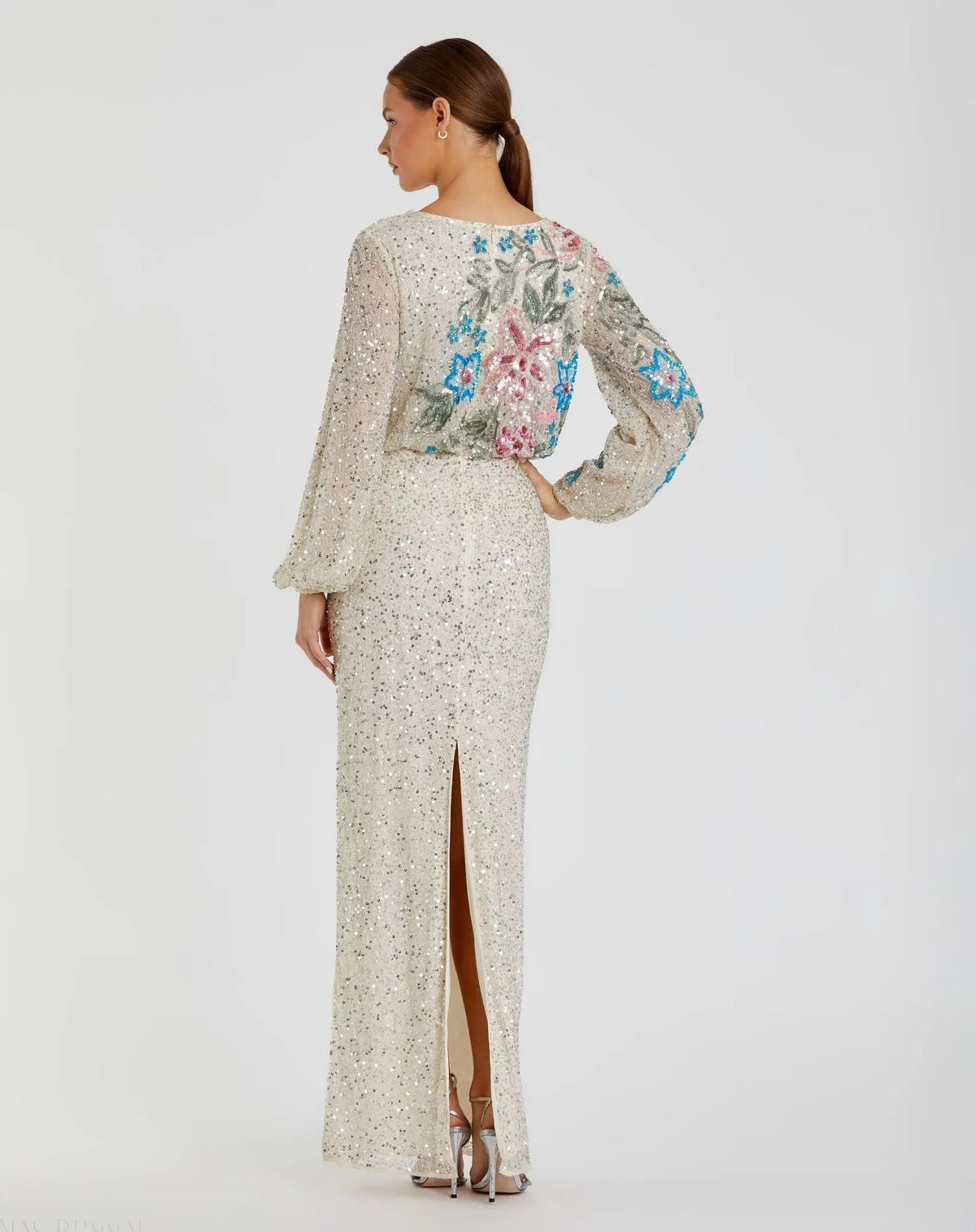 Beige High Neck Long Sleeve Sequin Evening Gown