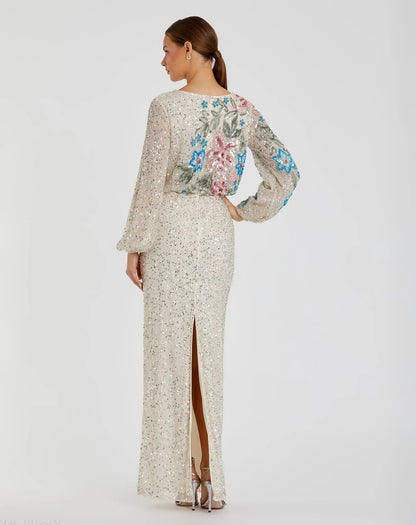 Beige High Neck Long Sleeve Sequin Evening Gown