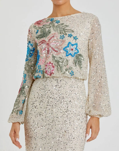 Beige High Neck Long Sleeve Sequin Evening Gown