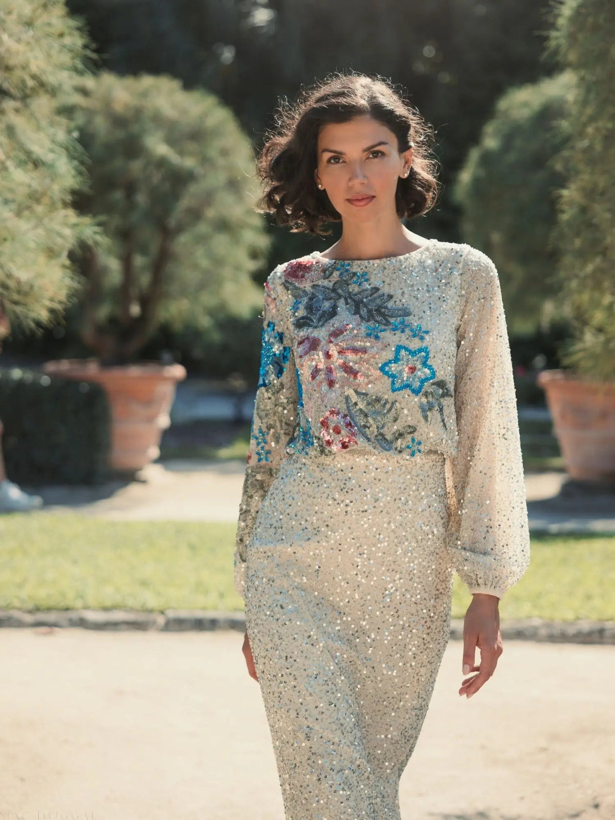 Beige High Neck Long Sleeve Sequin Evening Gown
