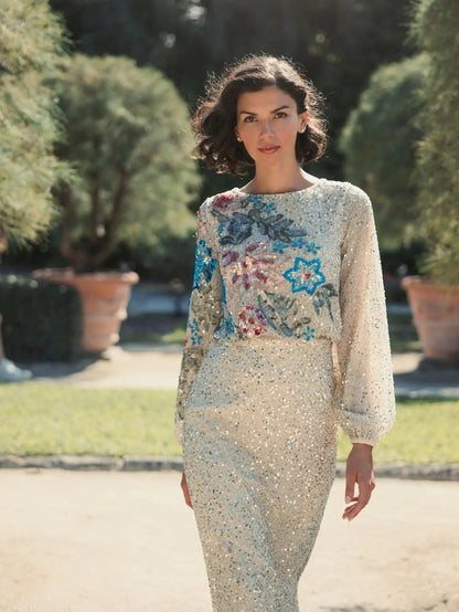 Beige High Neck Long Sleeve Sequin Evening Gown