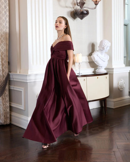 Burgundy Satin Off The Shoulder Twist Evening Ball Gown