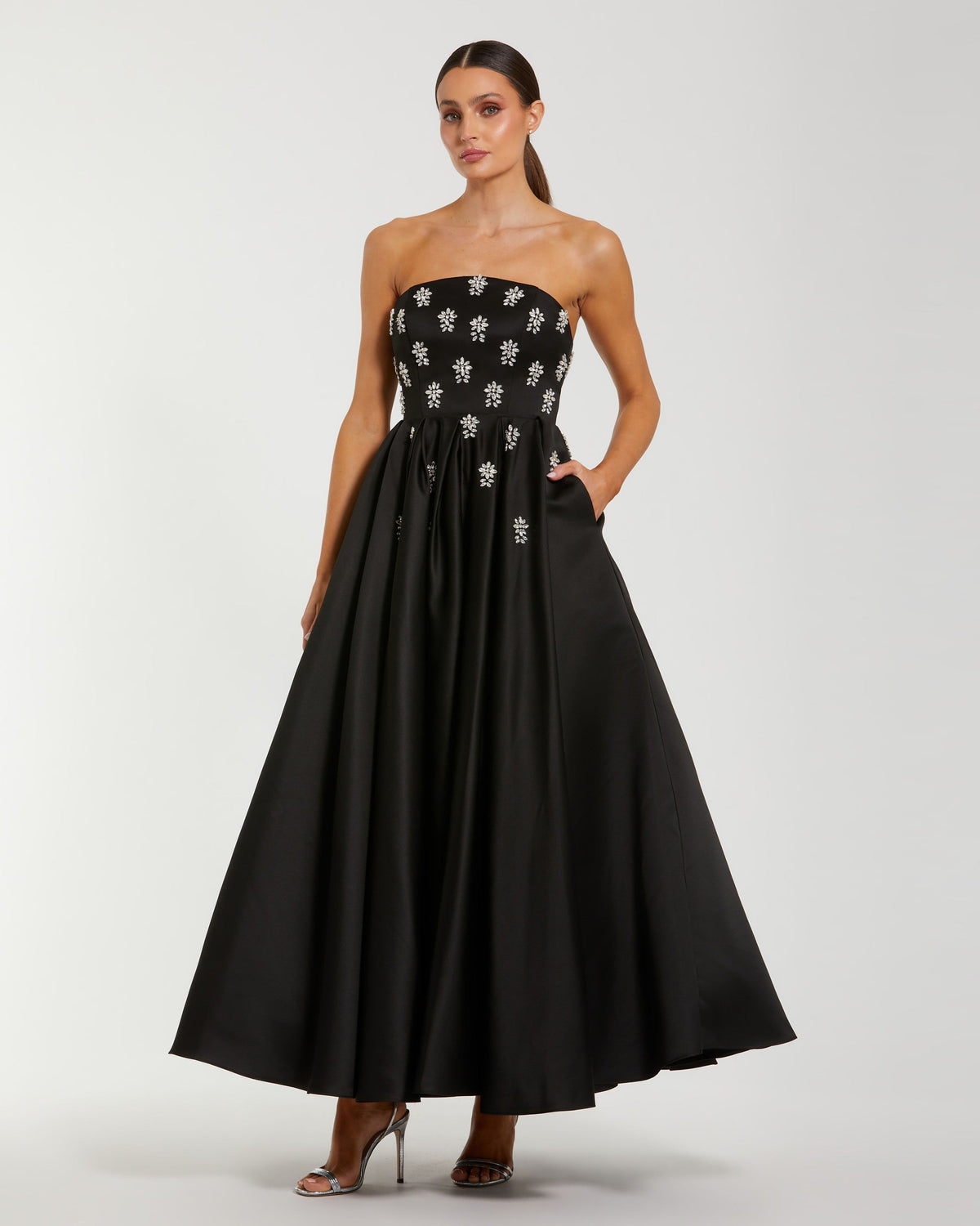 Black Strapless Crystal Embellished Satin A-Line Dress