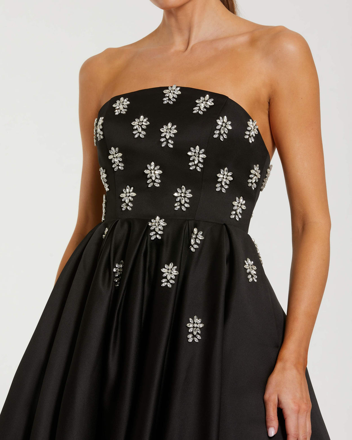 Black Strapless Crystal Embellished Satin A-Line Dress