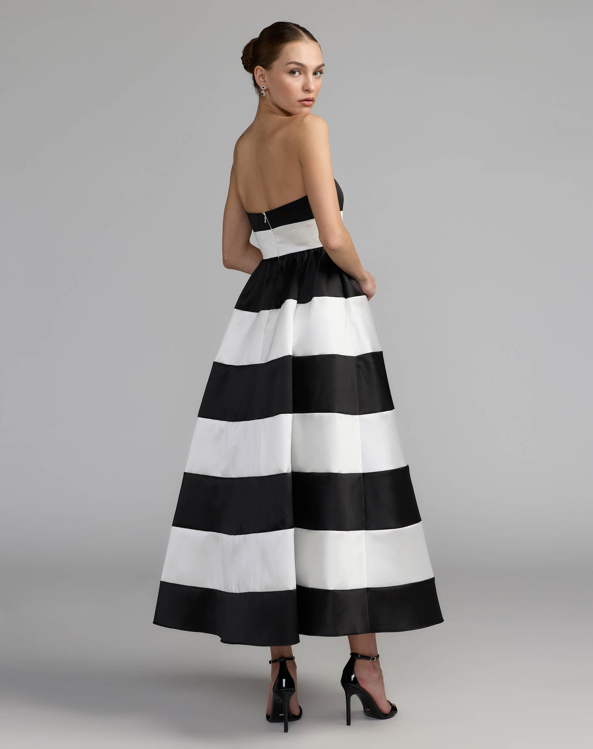 Black and White Striped Strapless Mikado Midi Dress