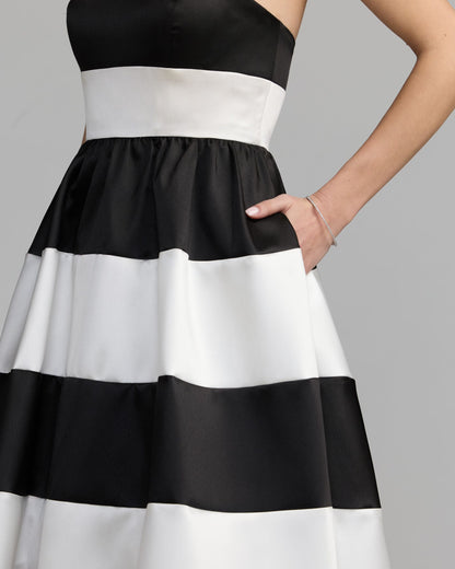 Black and White Striped Strapless Mikado Midi Dress