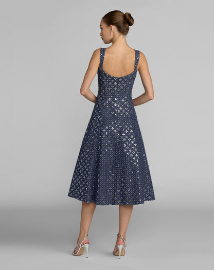 Blue Sleeveless Sequin Denim Midi Dress