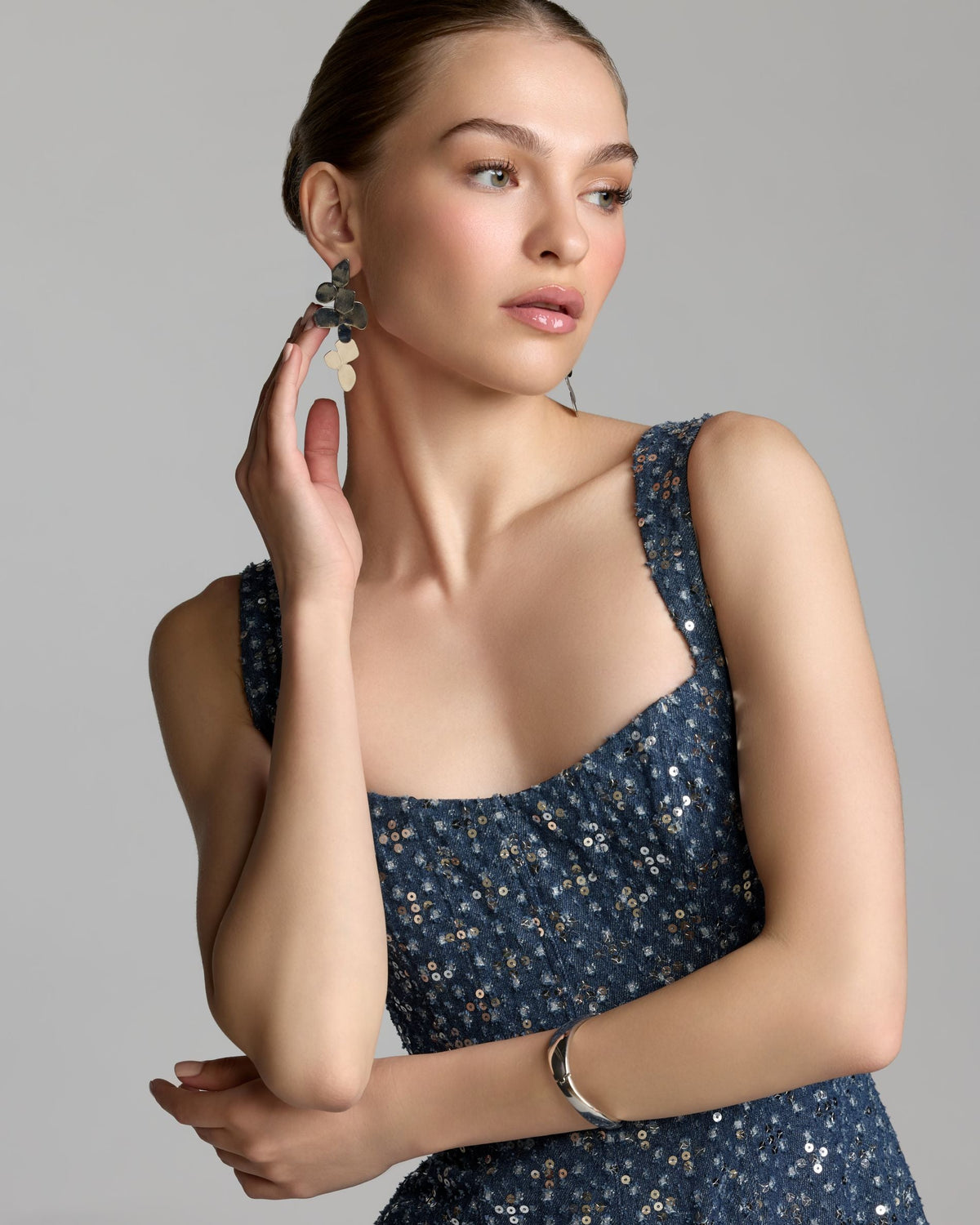 Blue Sleeveless Sequin Denim Midi Dress