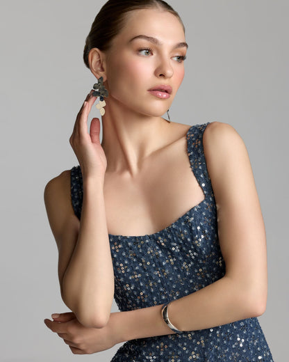 Blue Sleeveless Sequin Denim Midi Dress