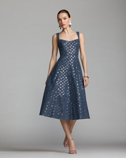 Blue Sleeveless Sequin Denim Midi Dress
